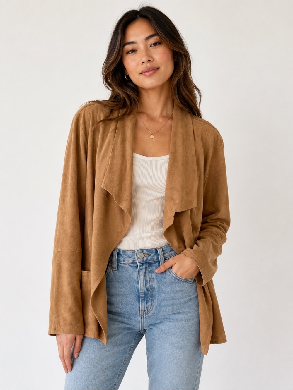 Max Studio Suede Open Front Jacket - Tan